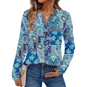 AUTOMET Women’s Long Sleeve Shirts 2025 Fall Fashion Dressy Casual Tops Trendy Henley Blouses Cute Work Outfits Clothes(Boho Leaf)