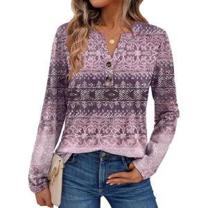 AUTOMET Women’s Long Sleeve Shirts 2025 Fall Fashion Dressy Casual Tops Trendy Henley Blouses Cute Work Outfits Clothes(Boho Lilac)