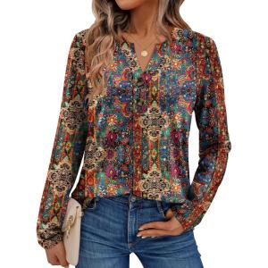 AUTOMET Women’s Long Sleeve Shirts 2025 Fall Fashion Dressy Casual Tops Trendy Henley Blouses Cute Work Outfits Clothes(Boho Multicolor)