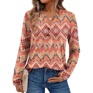 AUTOMET Women’s Long Sleeve Shirts 2025 Fall Fashion Dressy Casual Tops Trendy Henley Blouses Cute Work Outfits Clothes(Boho Orange)