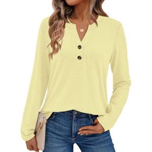 AUTOMET Women’s Long Sleeve Shirts 2025 Fall Fashion Dressy Casual Tops Trendy Henley Blouses Cute Work Outfits Clothes(Butter Yellow)