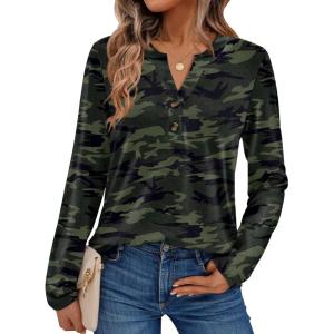 AUTOMET Women’s Long Sleeve Shirts 2025 Fall Fashion Dressy Casual Tops Trendy Henley Blouses Cute Work Outfits Clothes(Camouflage Green)