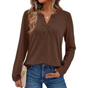 AUTOMET Women’s Long Sleeve Shirts 2025 Fall Fashion Dressy Casual Tops Trendy Henley Blouses Cute Work Outfits Clothes(Chocolate Brown)