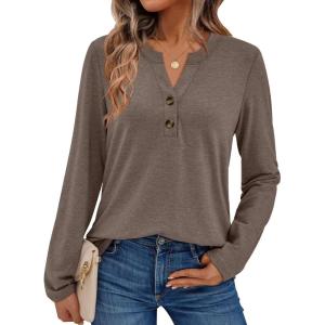 AUTOMET Women’s Long Sleeve Shirts 2025 Fall Fashion Dressy Casual Tops Trendy Henley Blouses Cute Work Outfits Clothes(Coffee Grey)