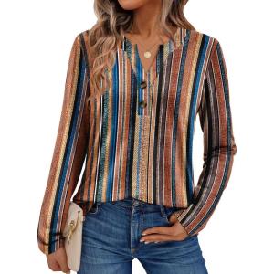 AUTOMET Women’s Long Sleeve Shirts 2025 Fall Fashion Dressy Casual Tops Trendy Henley Blouses Cute Work Outfits Clothes(Colorful Stripe)