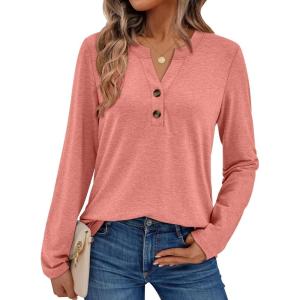 AUTOMET Women’s Long Sleeve Shirts 2025 Fall Fashion Dressy Casual Tops Trendy Henley Blouses Cute Work Outfits Clothes(Coral)