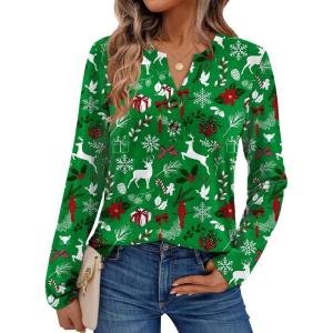 AUTOMET Women’s Long Sleeve Shirts 2025 Fall Fashion Dressy Casual Tops Trendy Henley Blouses Cute Work Outfits Clothes(Green Christmas Print)
