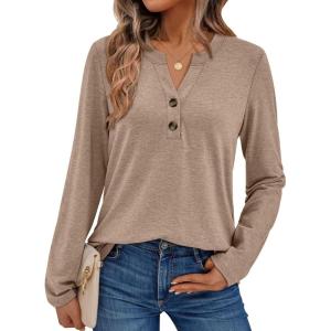 AUTOMET Women’s Long Sleeve Shirts 2025 Fall Fashion Dressy Casual Tops Trendy Henley Blouses Cute Work Outfits Clothes(Khaki)