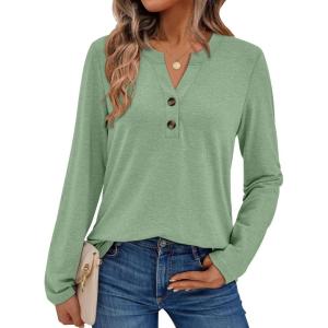 AUTOMET Women’s Long Sleeve Shirts 2025 Fall Fashion Dressy Casual Tops Trendy Henley Blouses Cute Work Outfits Clothes(Light Green)