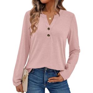 AUTOMET Women’s Long Sleeve Shirts 2025 Fall Fashion Dressy Casual Tops Trendy Henley Blouses Cute Work Outfits Clothes(Pink)