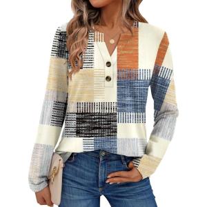AUTOMET Women’s Long Sleeve Shirts 2025 Fall Fashion Dressy Casual Tops Trendy Henley Blouses Cute Work Outfits Clothes(Plaid Multi)