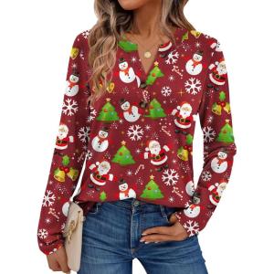 AUTOMET Women’s Long Sleeve Shirts 2025 Fall Fashion Dressy Casual Tops Trendy Henley Blouses Cute Work Outfits Clothes(Red Christmas Print)