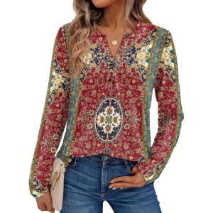 AUTOMET Women’s Long Sleeve Shirts 2025 Fall Fashion Dressy Casual Tops Trendy Henley Blouses Cute Work Outfits Clothes(Red Floral)