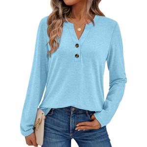 AUTOMET Women’s Long Sleeve Shirts 2025 Fall Fashion Dressy Casual Tops Trendy Henley Blouses Cute Work Outfits Clothes(Sky)