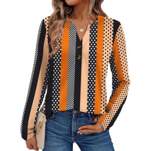 AUTOMET Women’s Long Sleeve Shirts 2025 Fall Fashion Dressy Casual Tops Trendy Henley Blouses Cute Work Outfits Clothes(Striped Dots)