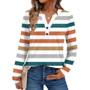AUTOMET Women’s Long Sleeve Shirts 2025 Fall Fashion Dressy Casual Tops Trendy Henley Blouses Cute Work Outfits Clothes(Striped Orange)
