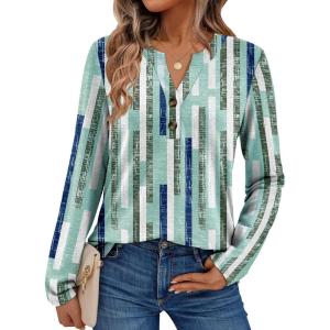 AUTOMET Women’s Long Sleeve Shirts 2025 Fall Fashion Dressy Casual Tops Trendy Henley Blouses Cute Work Outfits Clothes(Striped Teal)