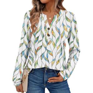 AUTOMET Women’s Long Sleeve Shirts 2025 Fall Fashion Dressy Casual Tops Trendy Henley Blouses Cute Work Outfits Clothes(Watercolor Leaf)