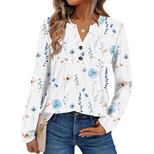 AUTOMET Women’s Long Sleeve Shirts 2025 Fall Fashion Dressy Casual Tops Trendy Henley Blouses Cute Work Outfits Clothes(White Floral)
