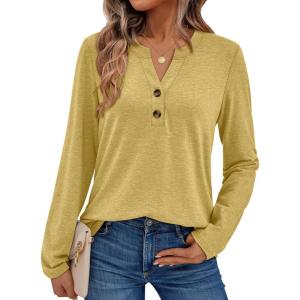 AUTOMET Women’s Long Sleeve Shirts 2025 Fall Fashion Dressy Casual Tops Trendy Henley Blouses Cute Work Outfits Clothes(Yellow)