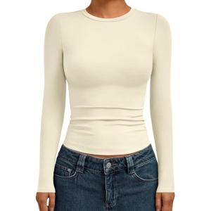 AUTOMET Womens Long Sleeve Shirts Basic Compression Going Out Crop Tops Fall Fashion Y2K Clothes 2025(Apricot)