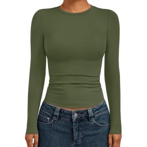 AUTOMET Womens Long Sleeve Shirts Basic Compression Going Out Crop Tops Fall Fashion Y2K Clothes 2025(Armygreen)