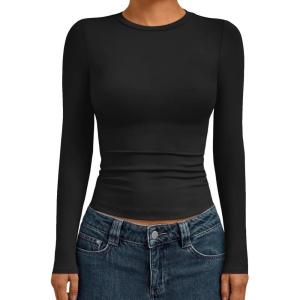 AUTOMET Womens Long Sleeve Shirts Basic Compression Going Out Crop Tops Fall Fashion Y2K Clothes 2025(Black)