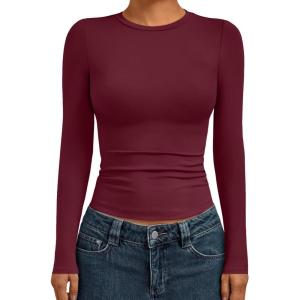 AUTOMET Womens Long Sleeve Shirts Basic Compression Going Out Crop Tops Fall Fashion Y2K Clothes 2025(Burgundy)