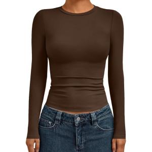 AUTOMET Womens Long Sleeve Shirts Basic Compression Going Out Crop Tops Fall Fashion Y2K Clothes 2025(Chocolate Brown)