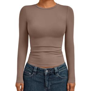 AUTOMET Womens Long Sleeve Shirts Basic Compression Going Out Crop Tops Fall Fashion Y2K Clothes 2025(Coffee Grey)