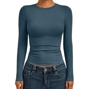 AUTOMET Womens Long Sleeve Shirts Basic Compression Going Out Crop Tops Fall Fashion Y2K Clothes 2025(Haze Blue)