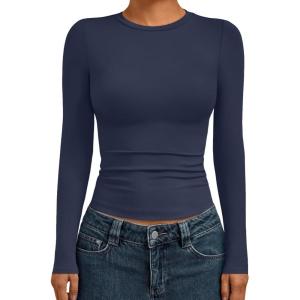 AUTOMET Womens Long Sleeve Shirts Basic Compression Going Out Crop Tops Fall Fashion Y2K Clothes 2025(Navy)