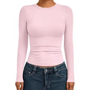AUTOMET Womens Long Sleeve Shirts Basic Compression Going Out Crop Tops Fall Fashion Y2K Clothes 2025(Pink)