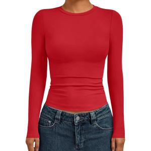 AUTOMET Womens Long Sleeve Shirts Basic Compression Going Out Crop Tops Fall Fashion Y2K Clothes 2025(Red)