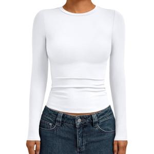 AUTOMET Womens Long Sleeve Shirts Basic Compression Going Out Crop Tops Fall Fashion Y2K Clothes 2025(White)