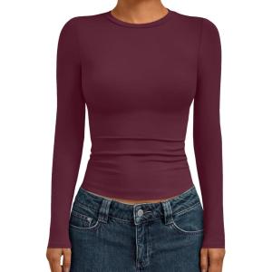 AUTOMET Womens Long Sleeve Shirts Basic Compression Going Out Crop Tops Fall Fashion Y2K Clothes 2025(Winered)