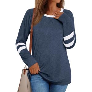 AUTOMET Womens Long Sleeve Shirts Color Block Casual Crewneck Tops Tshirt Basic Tee Fall Fashion Winter Clothing Outfits(Blue)
