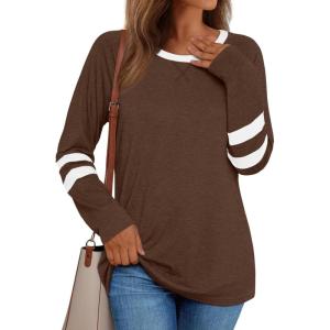 AUTOMET Womens Long Sleeve Shirts Color Block Casual Crewneck Tops Tshirt Basic Tee Fall Fashion Winter Clothing Outfits(Chocolate Brown)