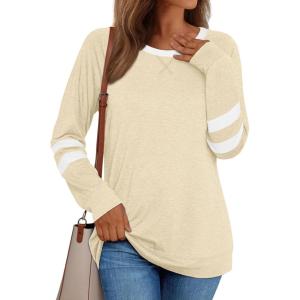AUTOMET Womens Long Sleeve Shirts Color Block Casual Crewneck Tops Tshirt Basic Tee Fall Fashion Winter Clothing Outfits(Cream)