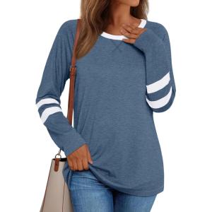 AUTOMET Womens Long Sleeve Shirts Color Block Casual Crewneck Tops Tshirt Basic Tee Fall Fashion Winter Clothing Outfits(Lightblue)