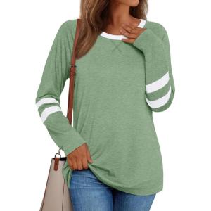AUTOMET Womens Long Sleeve Shirts Color Block Casual Crewneck Tops Tshirt Basic Tee Fall Fashion Winter Clothing Outfits(Lightgreen)