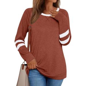 AUTOMET Womens Long Sleeve Shirts Color Block Casual Crewneck Tops Tshirt Basic Tee Fall Fashion Winter Clothing Outfits(Maple)