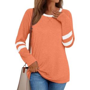 AUTOMET Womens Long Sleeve Shirts Color Block Casual Crewneck Tops Tshirt Basic Tee Fall Fashion Winter Clothing Outfits(Orange)