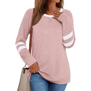 AUTOMET Womens Long Sleeve Shirts Color Block Casual Crewneck Tops Tshirt Basic Tee Fall Fashion Winter Clothing Outfits(Pink)