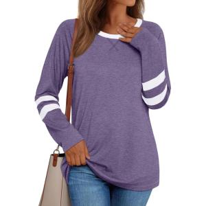 AUTOMET Womens Long Sleeve Shirts Color Block Casual Crewneck Tops Tshirt Basic Tee Fall Fashion Winter Clothing Outfits(Purple)