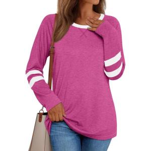 AUTOMET Womens Long Sleeve Shirts Color Block Casual Crewneck Tops Tshirt Basic Tee Fall Fashion Winter Clothing Outfits(Rosered)