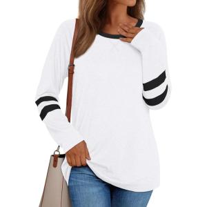 AUTOMET Womens Long Sleeve Shirts Color Block Casual Crewneck Tops Tshirt Basic Tee Fall Fashion Winter Clothing Outfits(White)
