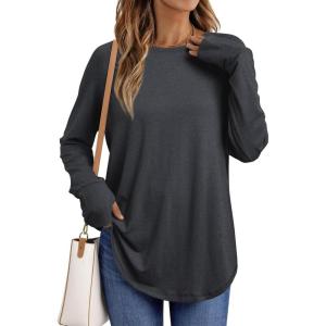 AUTOMET Womens Long Sleeve Shirts Crew Neck Casual Tshirts Fall Fashion Tops Loose Fit Lightweight Y2k Outfits Clothes(Darkgrey)