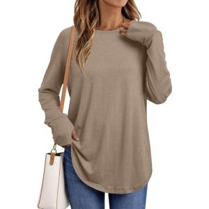 AUTOMET Womens Long Sleeve Shirts Crew Neck Casual Tshirts Fall Fashion Tops Loose Fit Lightweight Y2k Outfits Clothes(Khaki)