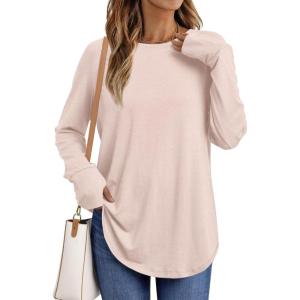 AUTOMET Womens Long Sleeve Shirts Crew Neck Casual Tshirts Fall Fashion Tops Loose Fit Lightweight Y2k Outfits Clothes(Pink)